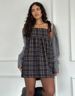 Motel Rocks Printed Dresses | Day Dresses-Mikayla Square Neck Mini Dress in Navy and Mustard Check