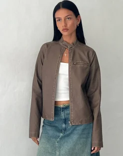 Motel Rocks Pu Jackets-Mildred Distressed Biker Jacket in PU Olive