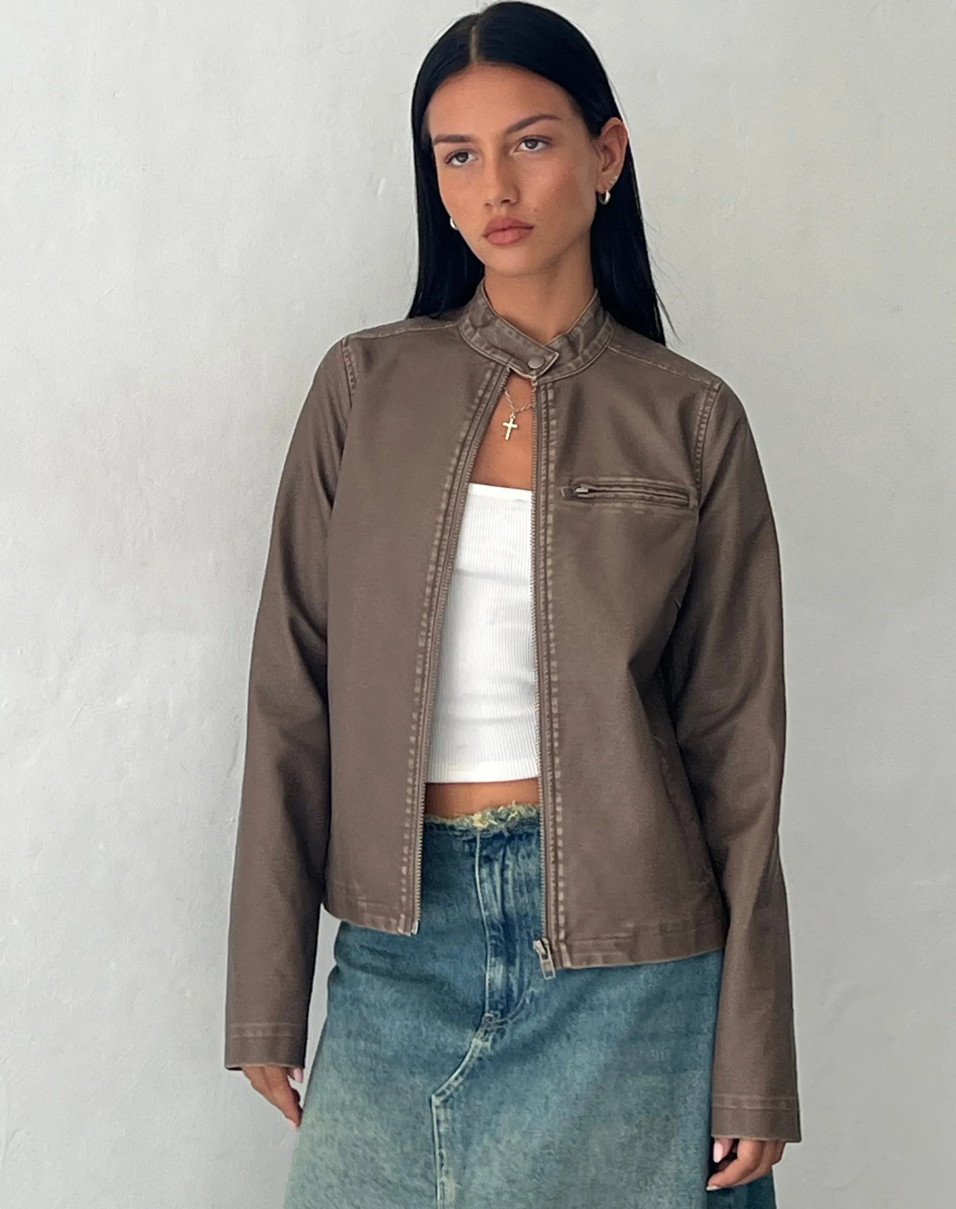 Motel Rocks Pu Jackets-Mildred Distressed Biker Jacket in PU Olive