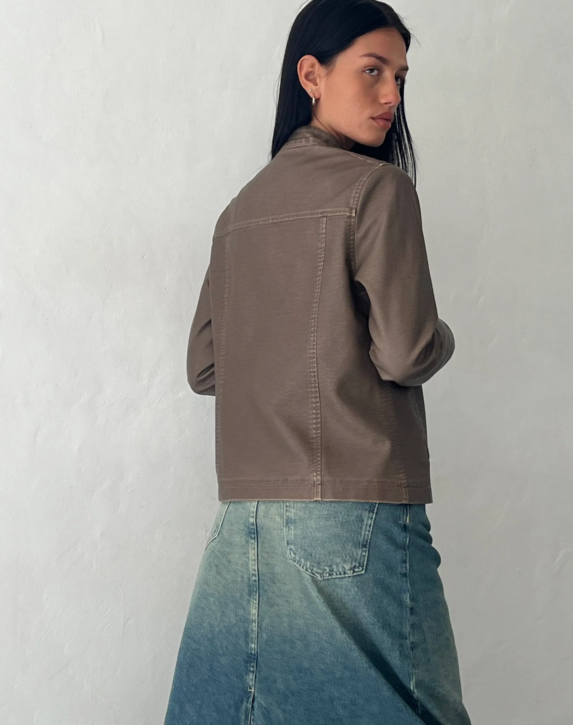 Motel Rocks Pu Jackets-Mildred Distressed Biker Jacket in PU Olive