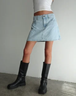 Motel Rocks A Line Skirts | Denim Skirts-Mini A-Line Skirt in Denim Blue Bleach DenimBlueBleach