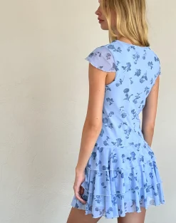 Motel Rocks Printed Dresses | Day Dresses-Mirtilo Mini Dress in Inky Blue Floral Mesh