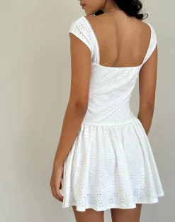 Motel Rocks Day Dresses | Mini Dresses-Misty Mini Tea Dress in Broderie White