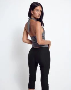 Motel Rocks Tailoring-Miyuki Tie Front Halterneck Top in Charcoal Grey