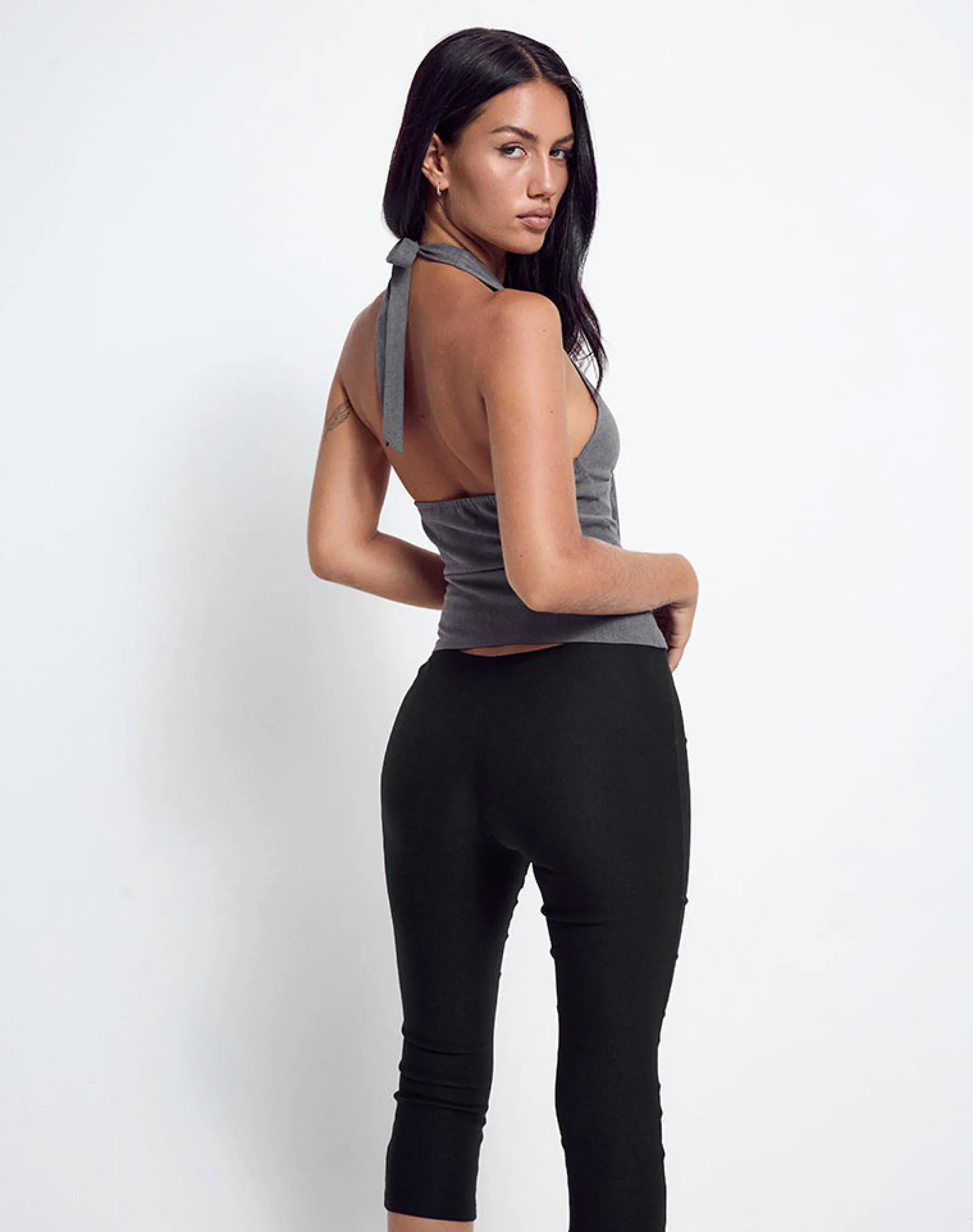 Motel Rocks Tailoring-Miyuki Tie Front Halterneck Top in Charcoal Grey