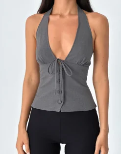 Motel Rocks Tailoring-Miyuki Tie Front Halterneck Top in Charcoal Grey