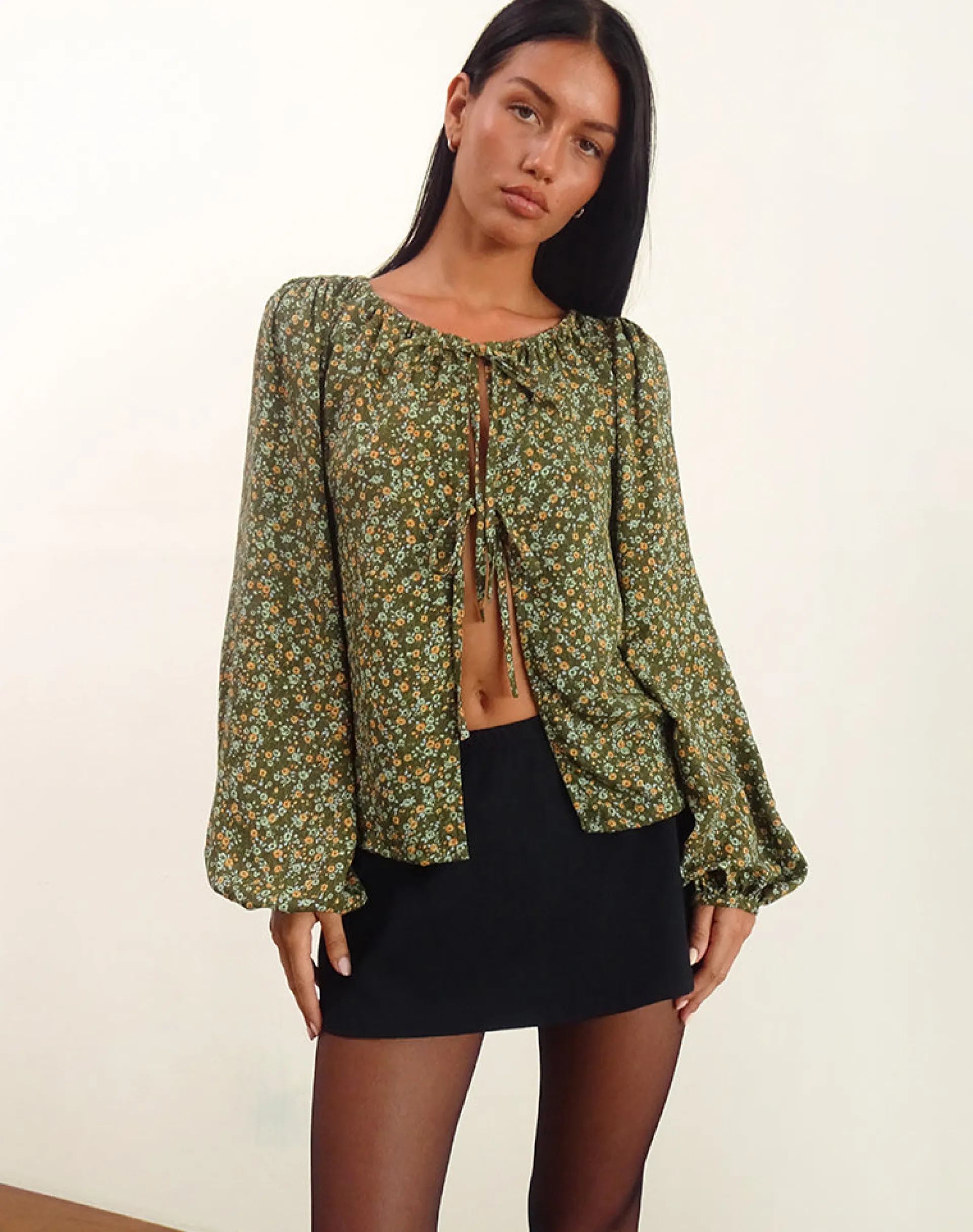 Motel Rocks Printed Tops | Long Sleeve Tops-Modeta Tie Top in Grunge Floral Khaki