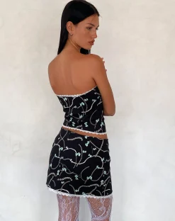 Motel Rocks Co-Ords | A Line Skirts-Molen Mini Skirt in Black with Pearl and Bow Print