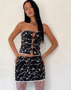 Motel Rocks Co-Ords | A Line Skirts-Molen Mini Skirt in Black with Pearl and Bow Print
