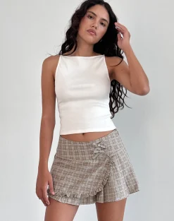 Motel Rocks Tailoring | Printed Skirts-Monana Wrap Micro Skirt in Check Taupe CheckTaupe