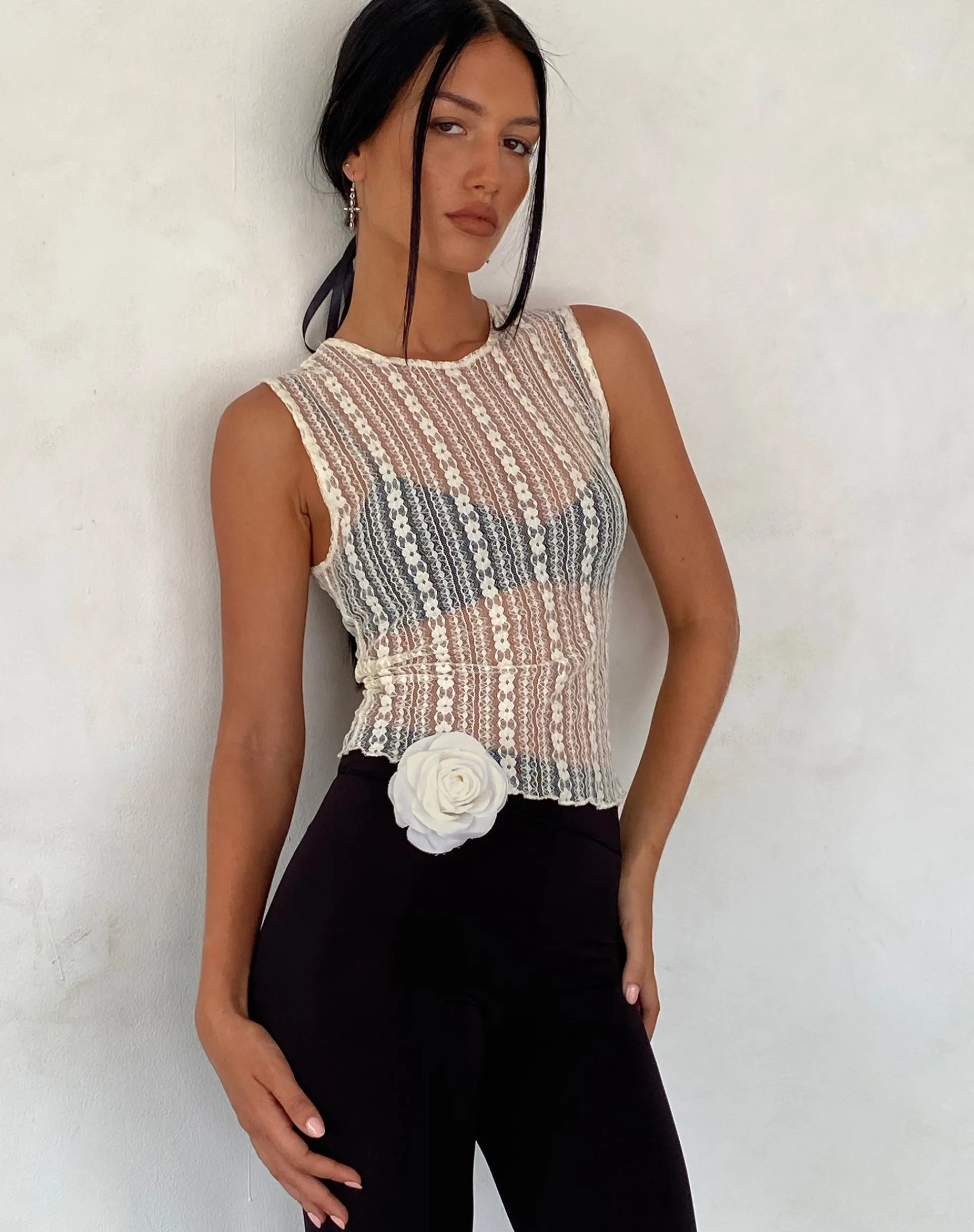 Motel Rocks Vest Tops | Printed Tops-Monelo Unlined Vest Top in Ditsy Floral Cream Lace ditsyfloralcreamlace