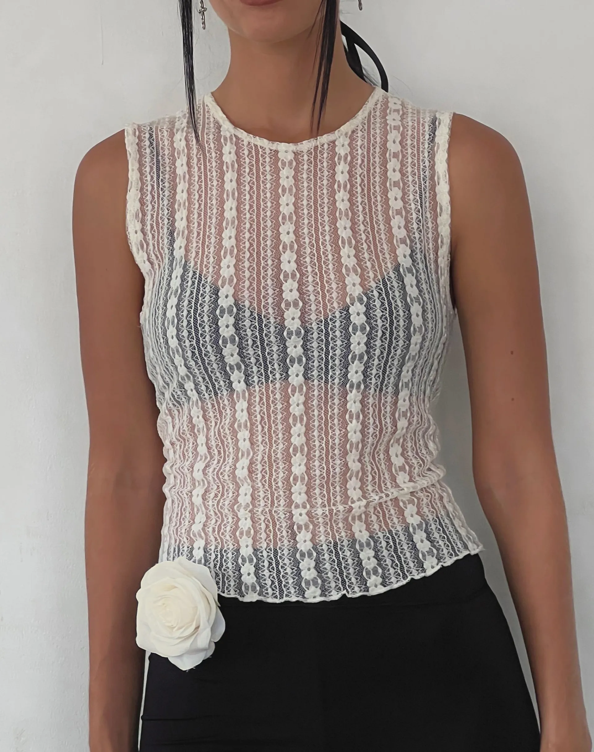 Motel Rocks Vest Tops | Printed Tops-Monelo Unlined Vest Top in Ditsy Floral Cream Lace ditsyfloralcreamlace