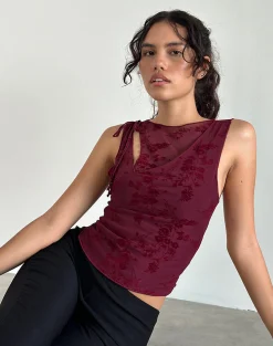 Motel Rocks Vest Tops | Going Out Tops-Moni Vest Top in Botanical Flower Maroon BotanicalFlowerMaroon