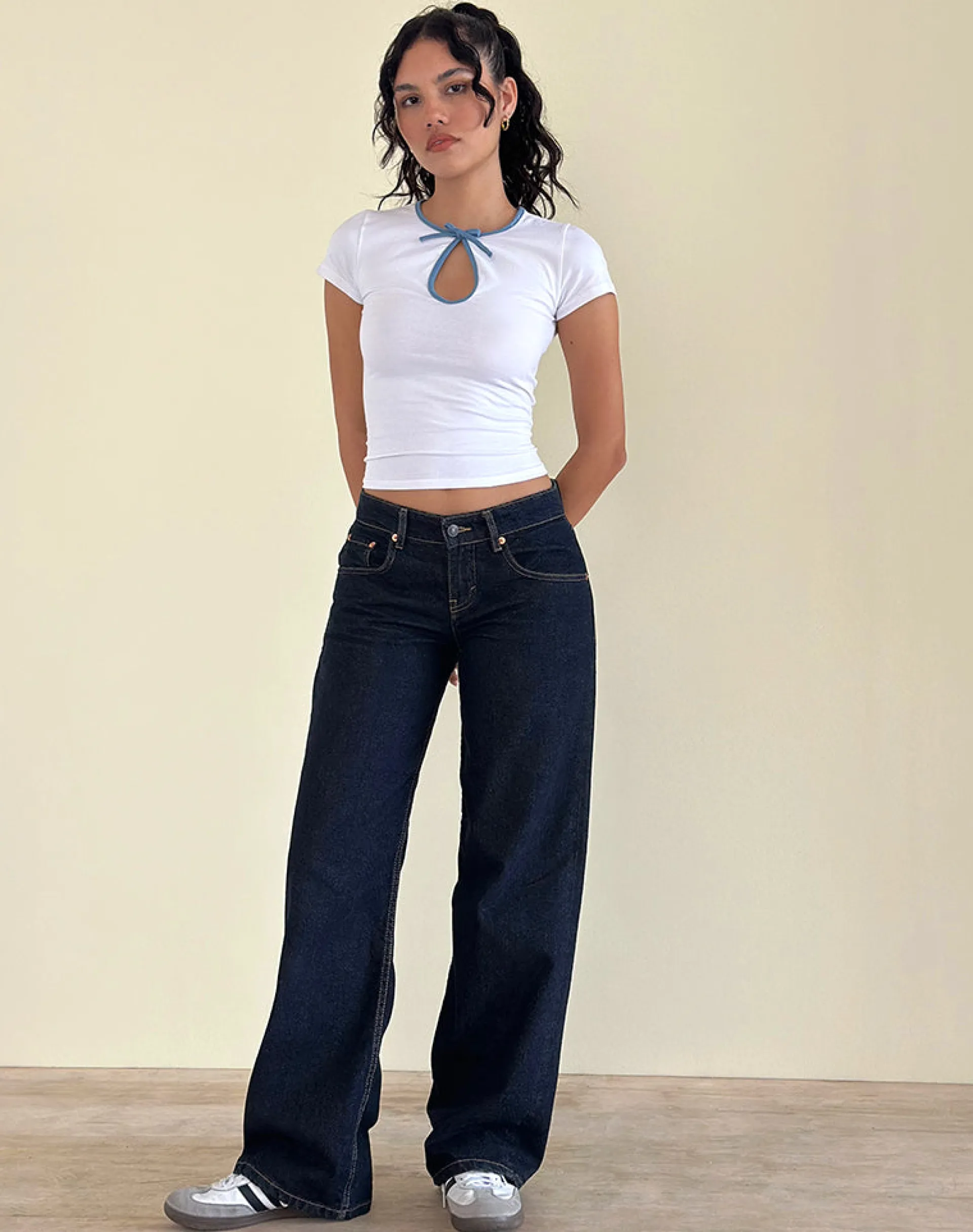 Motel Rocks Basic Tops-Monsel Tie Front Top in White with Faded Denim Binding WhitewithFadedDenimBinding