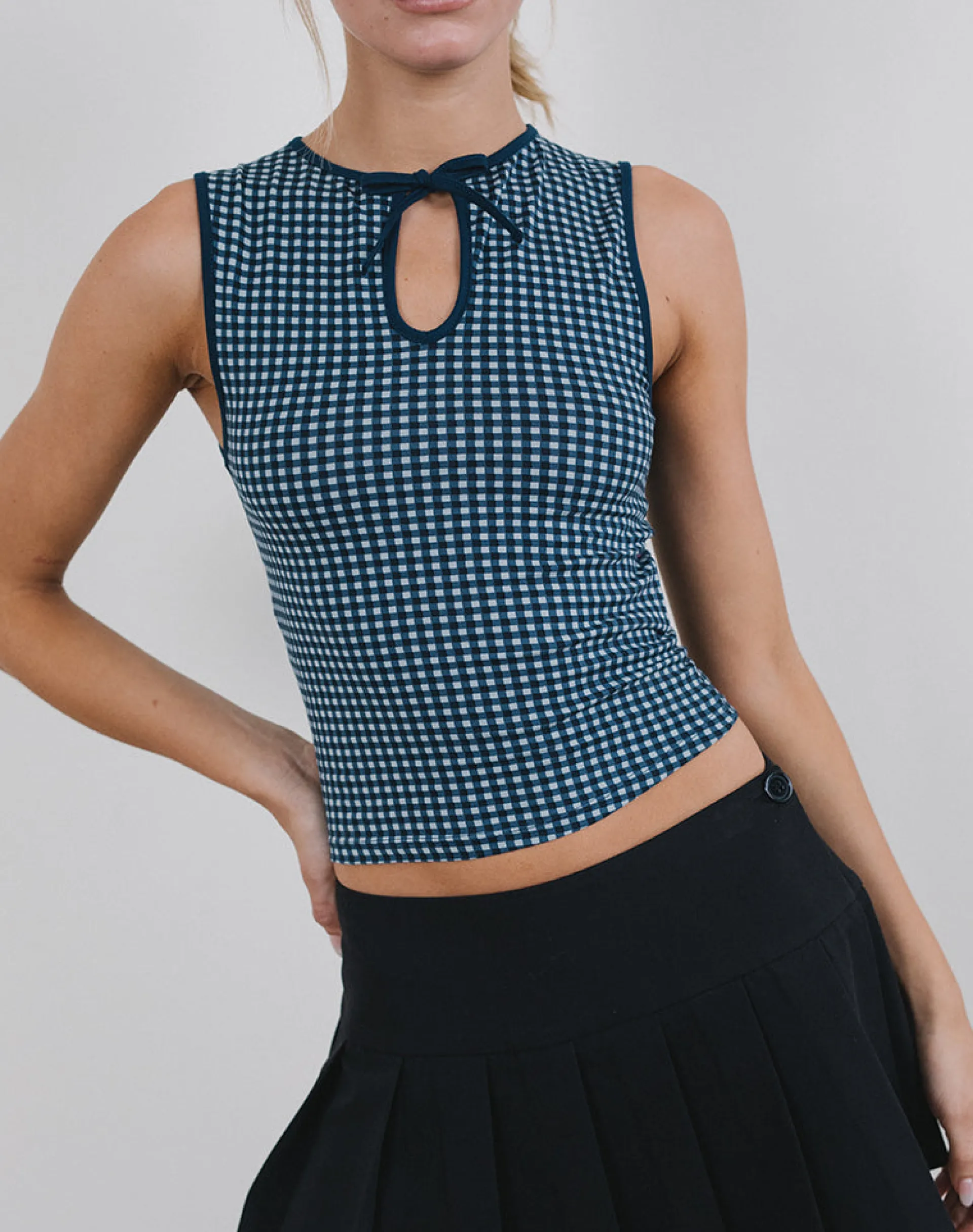 Motel Rocks Tailoring | Vest Tops-Monsela Top in Mini Gingham Dark Blue MiniGinghamDarkBlue