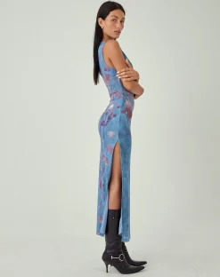Motel Rocks Printed Dresses | Bodycon Dresses-MOTEL X JACQUIE Flo Midi Dress in Lumen Mesh Blue LumenMeshBlue