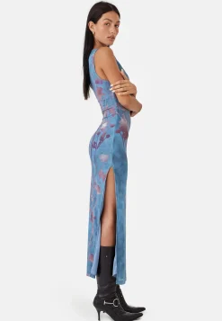 Motel Rocks Printed Dresses | Bodycon Dresses-MOTEL X JACQUIE Flo Midi Dress in Lumen Mesh Blue LumenMeshBlue