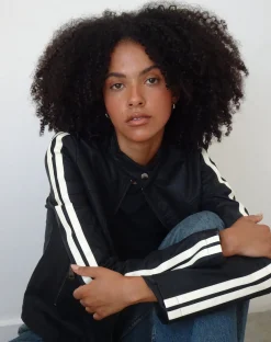 Motel Rocks Pu Jackets-MOTEL X JACQUIE Jacquie Zip Up Biker Jacket in PU Black with White Stripe PUBlack