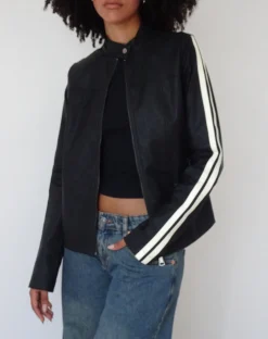 Motel Rocks Pu Jackets-MOTEL X JACQUIE Jacquie Zip Up Biker Jacket in PU Black with White Stripe PUBlack