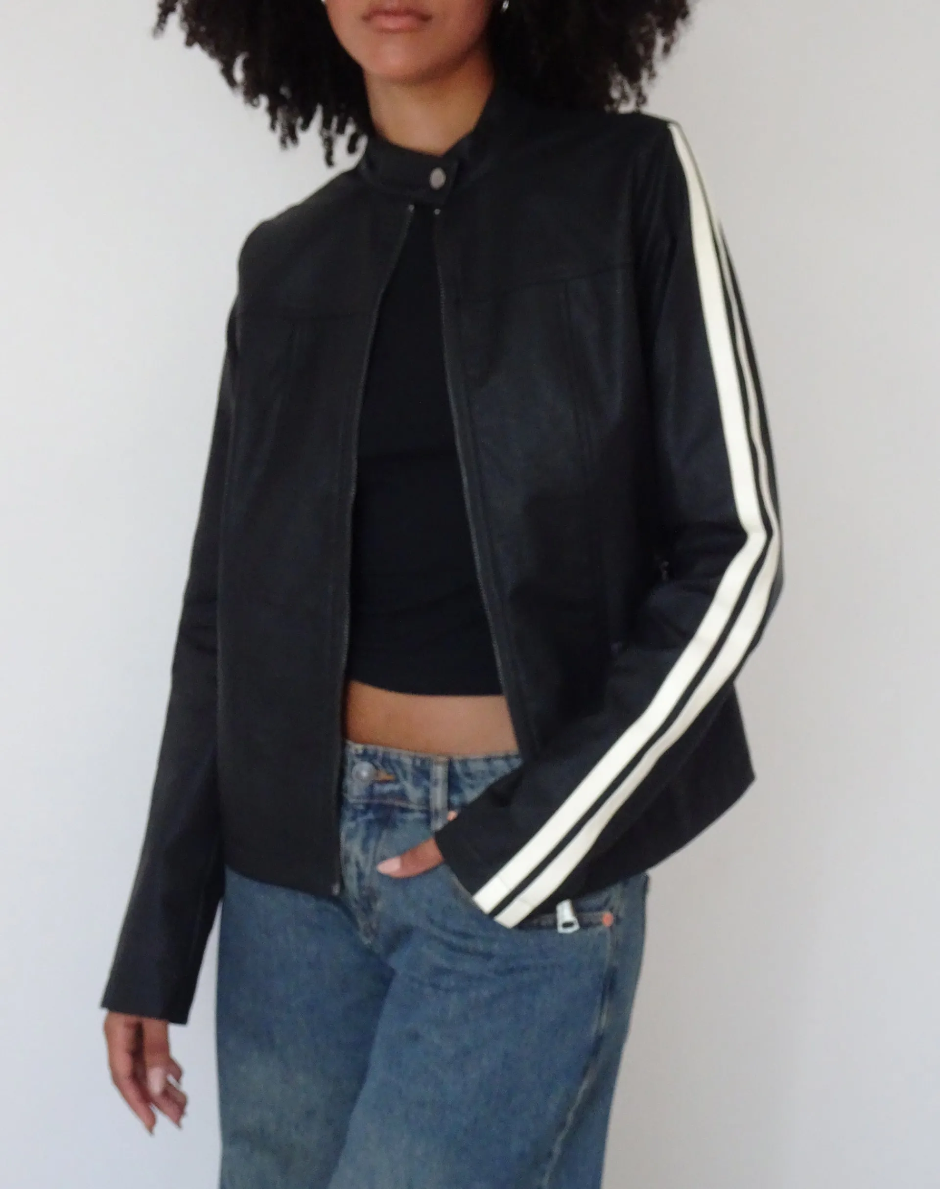 Motel Rocks Pu Jackets-MOTEL X JACQUIE Jacquie Zip Up Biker Jacket in PU Black with White Stripe PUBlack