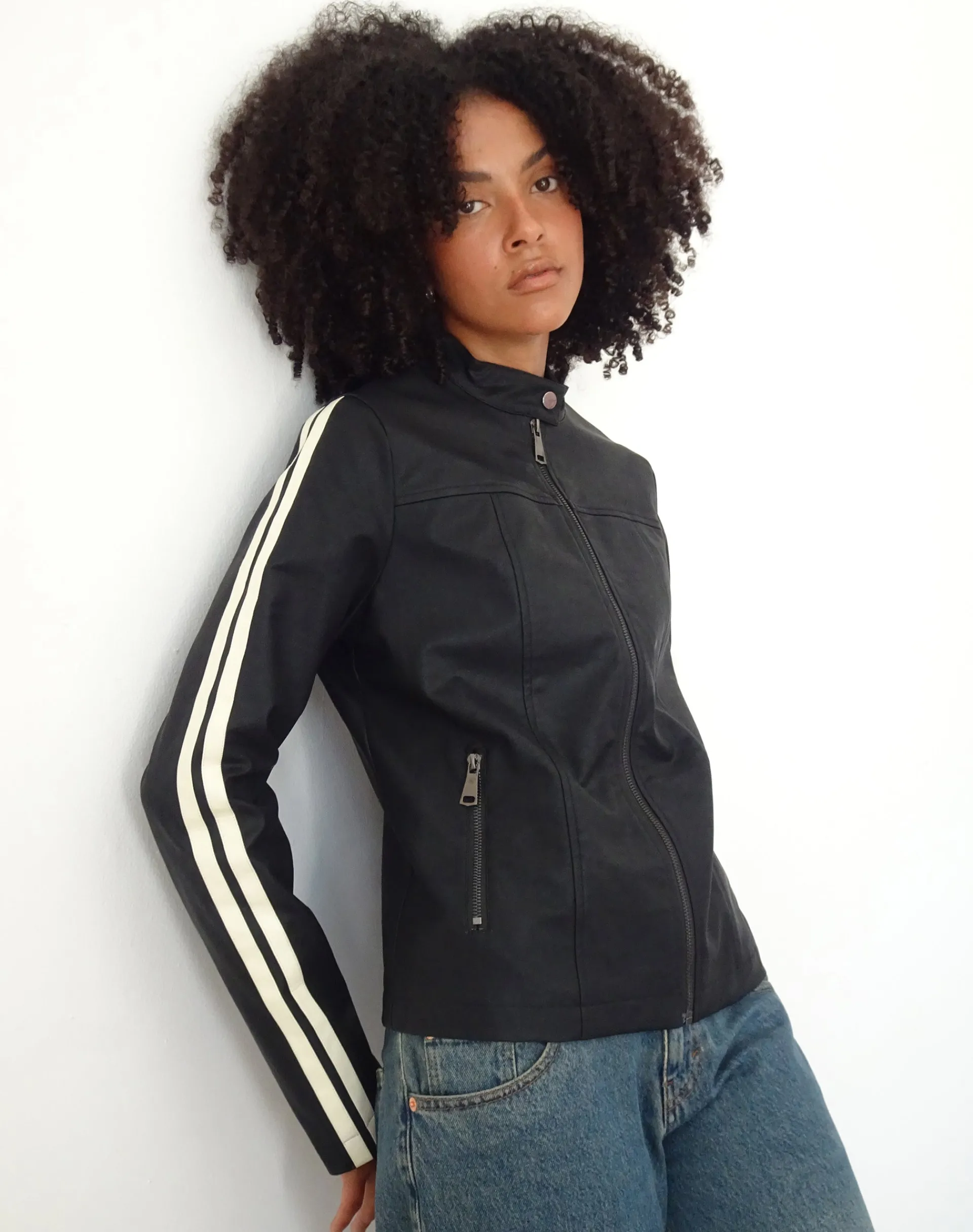 Motel Rocks Pu Jackets-MOTEL X JACQUIE Jacquie Zip Up Biker Jacket in PU Black with White Stripe PUBlack