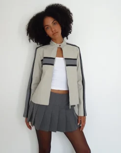 Motel Rocks Pu Jackets-MOTEL X JACQUIE Oliver Zip Up Jacket in Grey PU with Dark Grey Stripe PUSilverandGrey