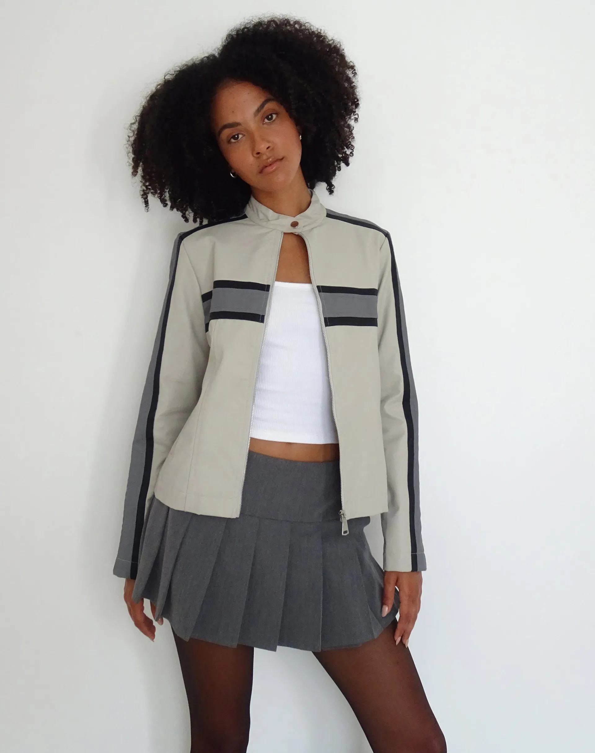 Motel Rocks Pu Jackets-MOTEL X JACQUIE Oliver Zip Up Jacket in Grey PU with Dark Grey Stripe PUSilverandGrey