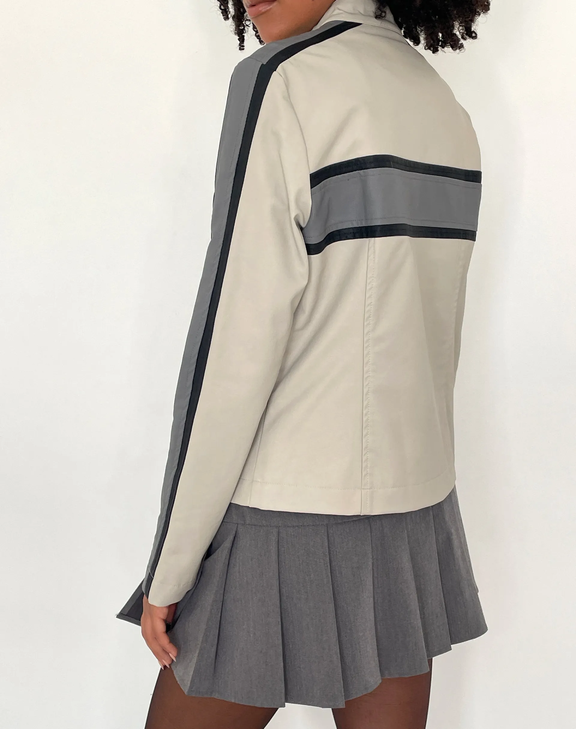 Motel Rocks Pu Jackets-MOTEL X JACQUIE Oliver Zip Up Jacket in Grey PU with Dark Grey Stripe PUSilverandGrey