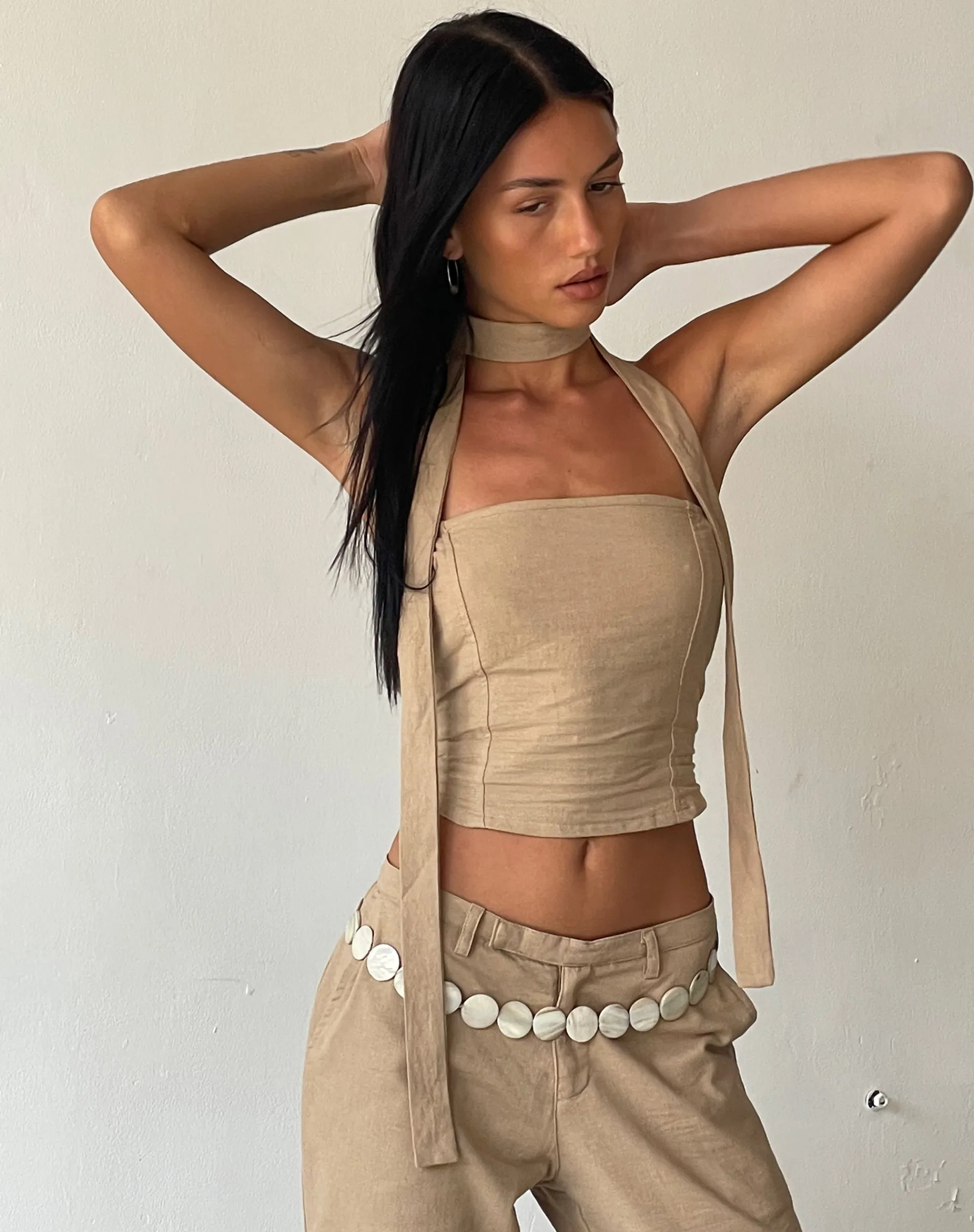 Motel Rocks Bandeau Tops-MOTEL X JACQUIE Shaloe Bandeau Top and Scarf Set in Light Taupe lighttaupe