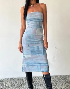 Motel Rocks Printed Dresses | Day Dresses-MOTEL X JACQUIE Suki Bandeau Midi Dress in Mesh Abstract Paint Brush Blue