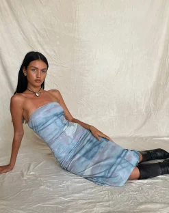 Motel Rocks Printed Dresses | Day Dresses-MOTEL X JACQUIE Suki Bandeau Midi Dress in Mesh Abstract Paint Brush Blue