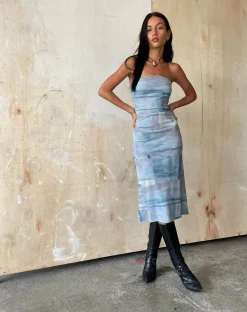 Motel Rocks Printed Dresses | Day Dresses-MOTEL X JACQUIE Suki Bandeau Midi Dress in Mesh Abstract Paint Brush Blue