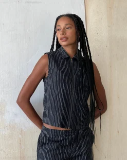 Motel Rocks Vest Tops | Printed Tops-MOTEL X JACQUIE Virago Zip Up Sleeveless Jacket in Sketchy Stripe Black