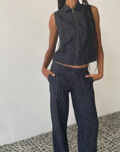 Motel Rocks Vest Tops | Printed Tops-MOTEL X JACQUIE Virago Zip Up Sleeveless Jacket in Sketchy Stripe Black
