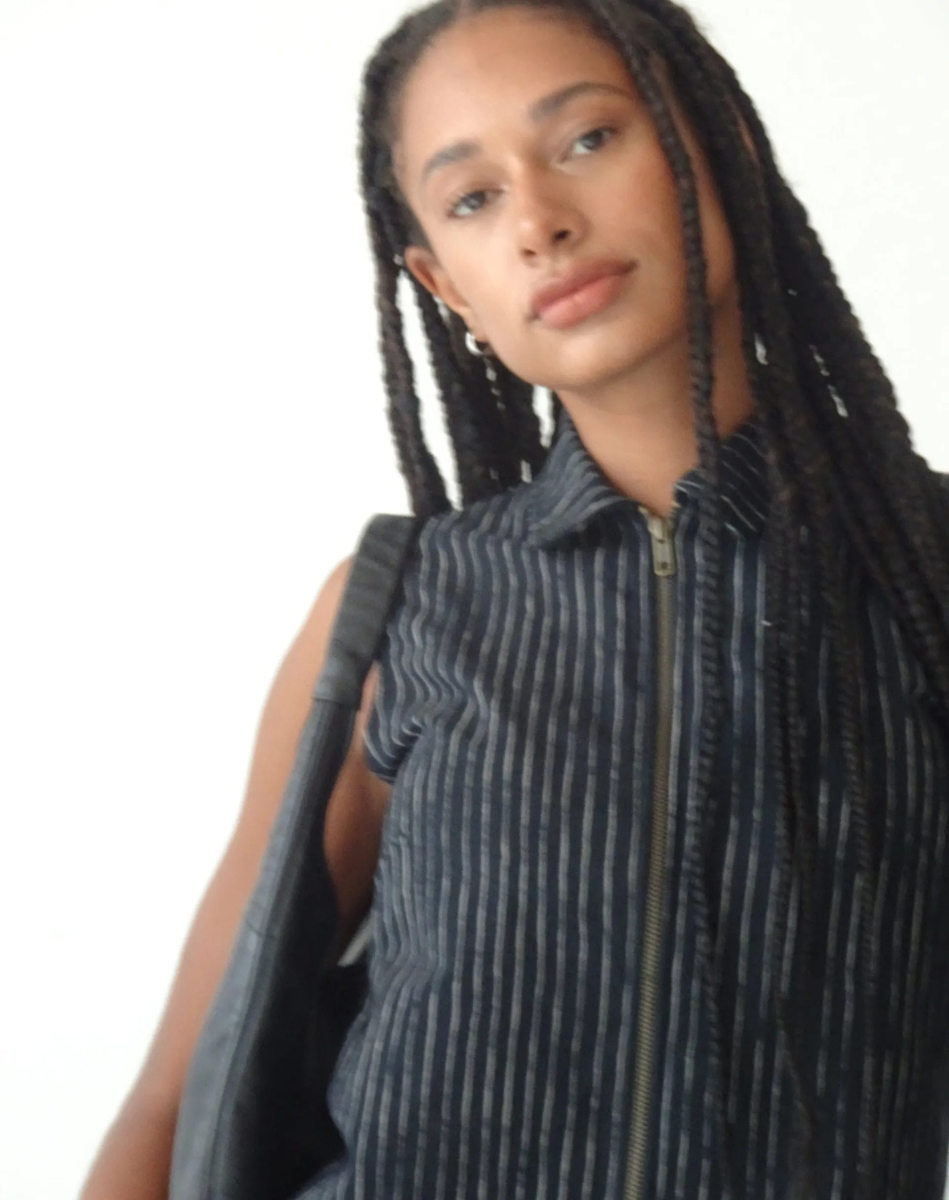 Motel Rocks Vest Tops | Printed Tops-MOTEL X JACQUIE Virago Zip Up Sleeveless Jacket in Sketchy Stripe Black