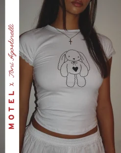 Motel Rocks Printed Tops-MOTEL X Toni Agost Tattoo Izzy Tee in White with Heart Bunny Motif WhitewithHeartBunnyMotif