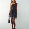Motel Rocks Printed Dresses | Bandeau Dresses-Murni Bandeau Mini Dress in Polka Black Chiffon