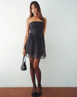 Motel Rocks Printed Dresses | Bandeau Dresses-Murni Bandeau Mini Dress in Polka Black Chiffon