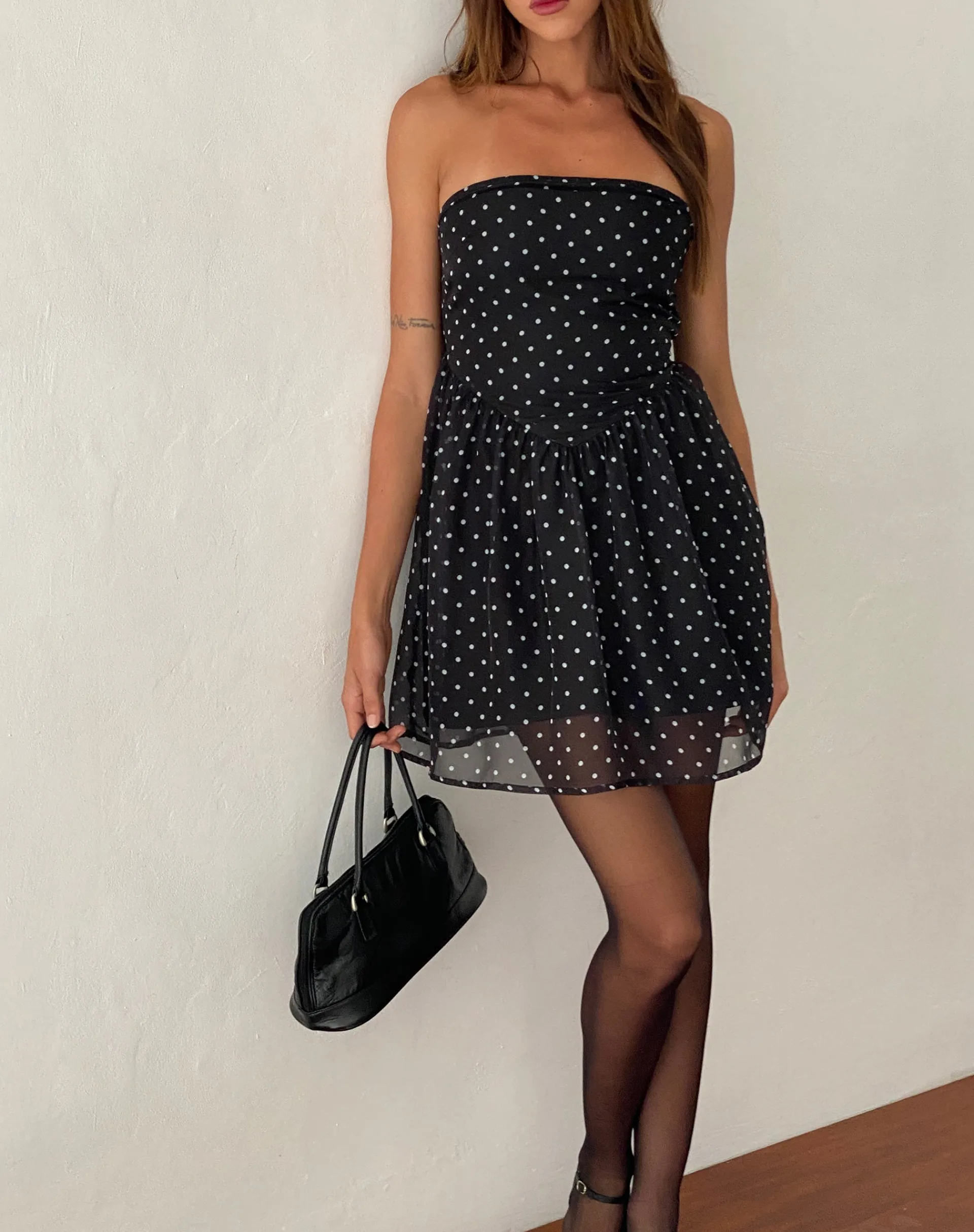 Motel Rocks Printed Dresses | Bandeau Dresses-Murni Bandeau Mini Dress in Polka Black Chiffon
