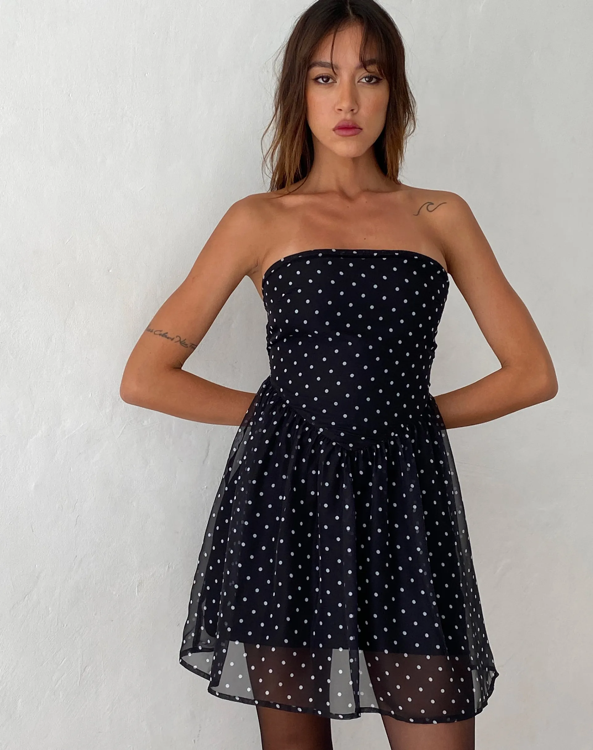 Motel Rocks Printed Dresses | Bandeau Dresses-Murni Bandeau Mini Dress in Polka Black Chiffon