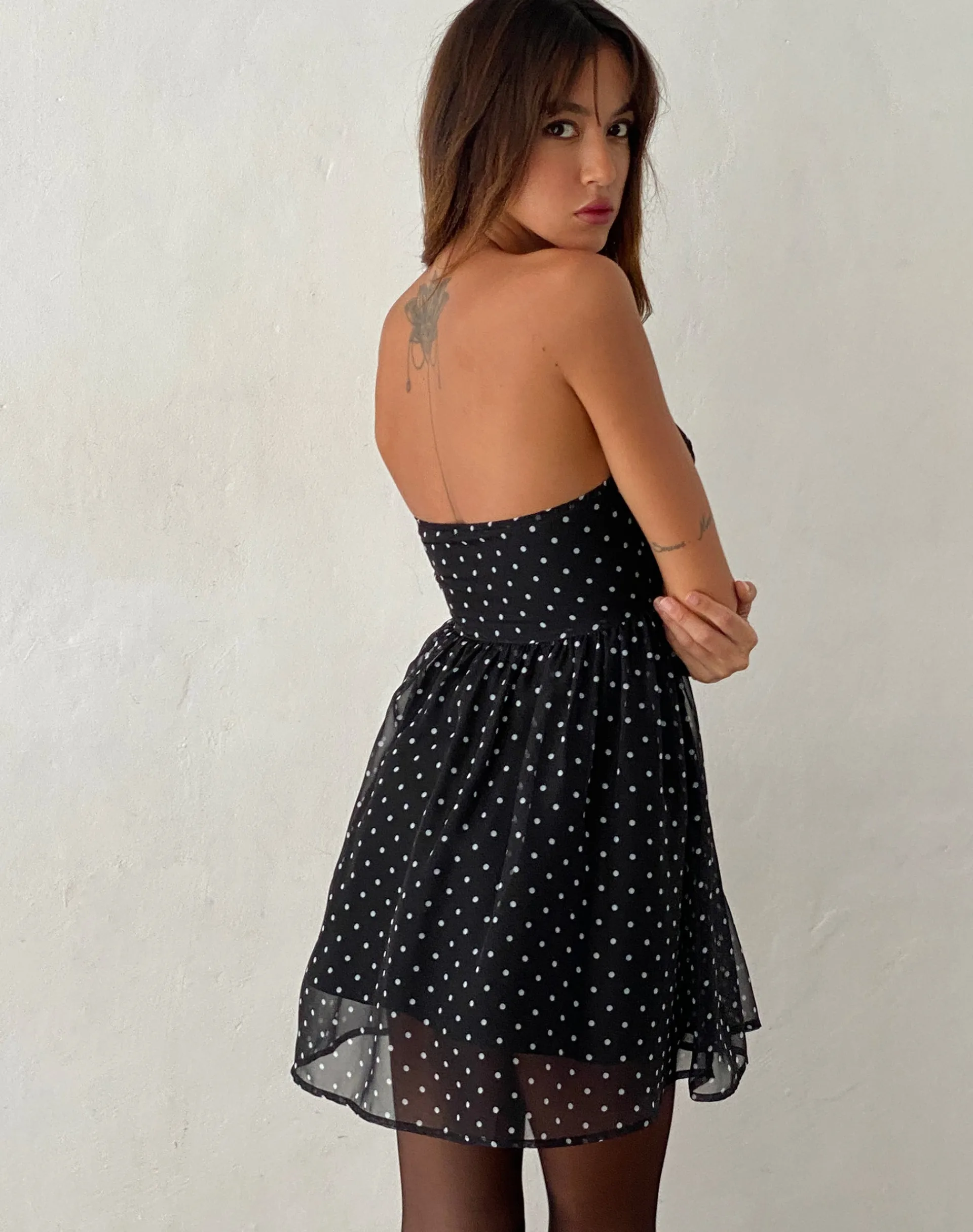 Motel Rocks Printed Dresses | Bandeau Dresses-Murni Bandeau Mini Dress in Polka Black Chiffon