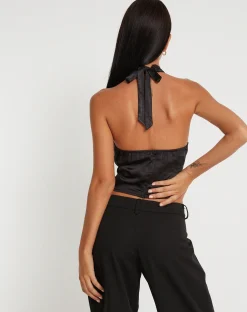 Motel Rocks Halterneck Tops | Lace Tops-Mutsuki Halterneck Top in Satin Black SatinBlack