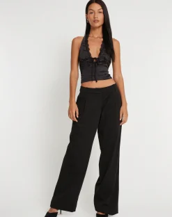 Motel Rocks Halterneck Tops | Lace Tops-Mutsuki Halterneck Top in Satin Black SatinBlack