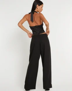 Motel Rocks Halterneck Tops | Lace Tops-Mutsuki Halterneck Top in Satin Black SatinBlack