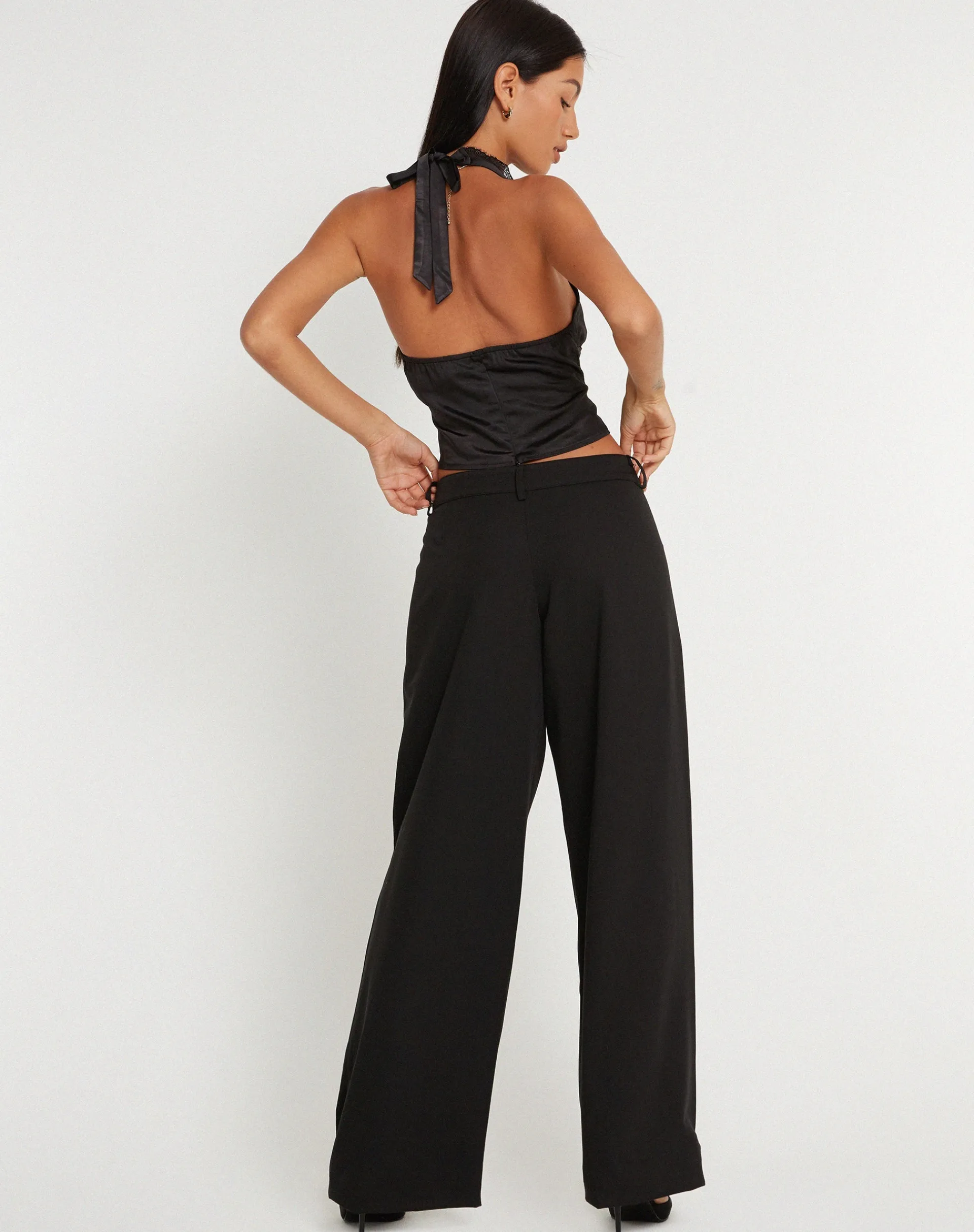 Motel Rocks Halterneck Tops | Lace Tops-Mutsuki Halterneck Top in Satin Black SatinBlack