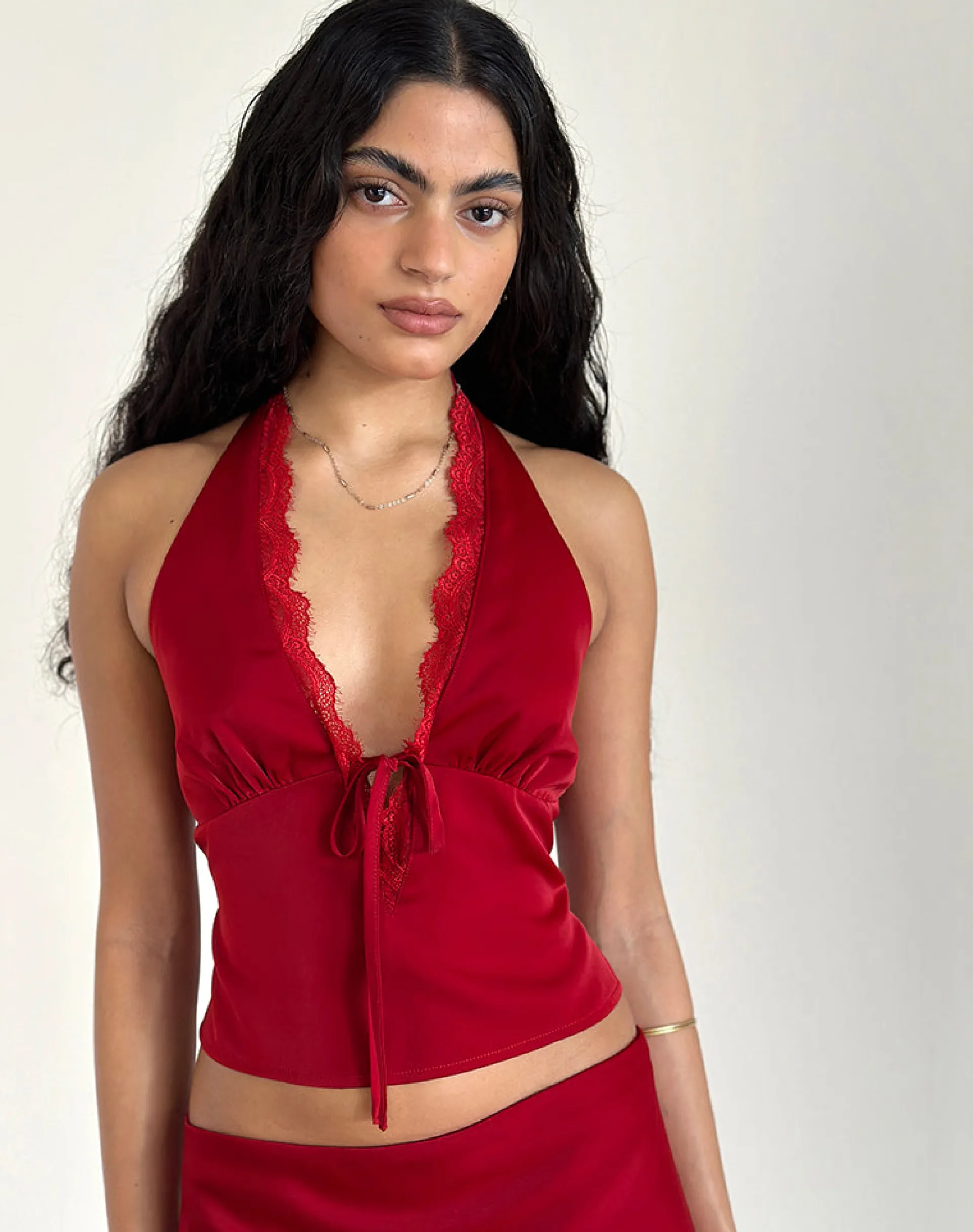 Motel Rocks Co-Ords | Halterneck Tops-Mutsuki Top in Dark Red darkred