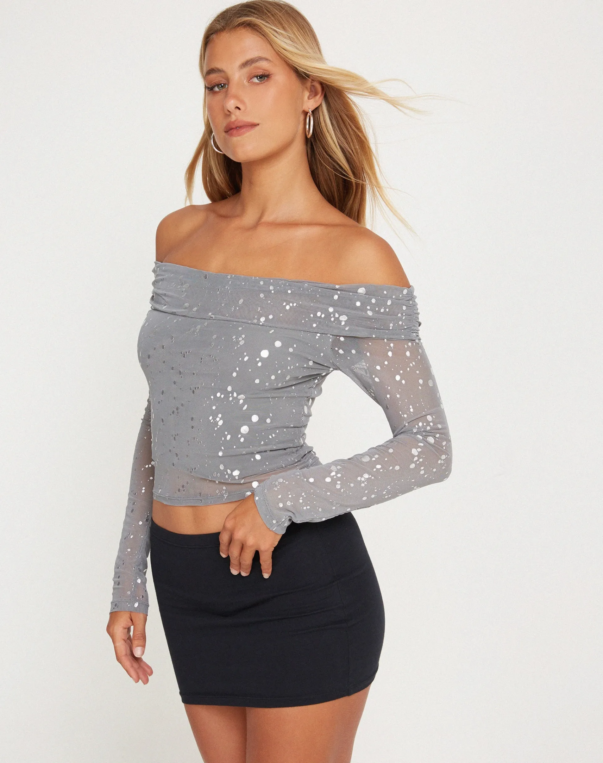 Motel Rocks Long Sleeve Tops-Nagini Bardot Top in Mesh Glitter Dot Frost Gray MeshGlitterDotFrostGray