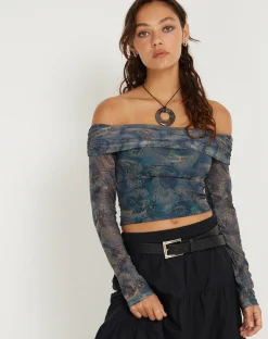 Motel Rocks Printed Tops | Long Sleeve Tops-Nagini Long Sleeve Bardot Top in Tonal Blue Paisley TonalBluePaisley