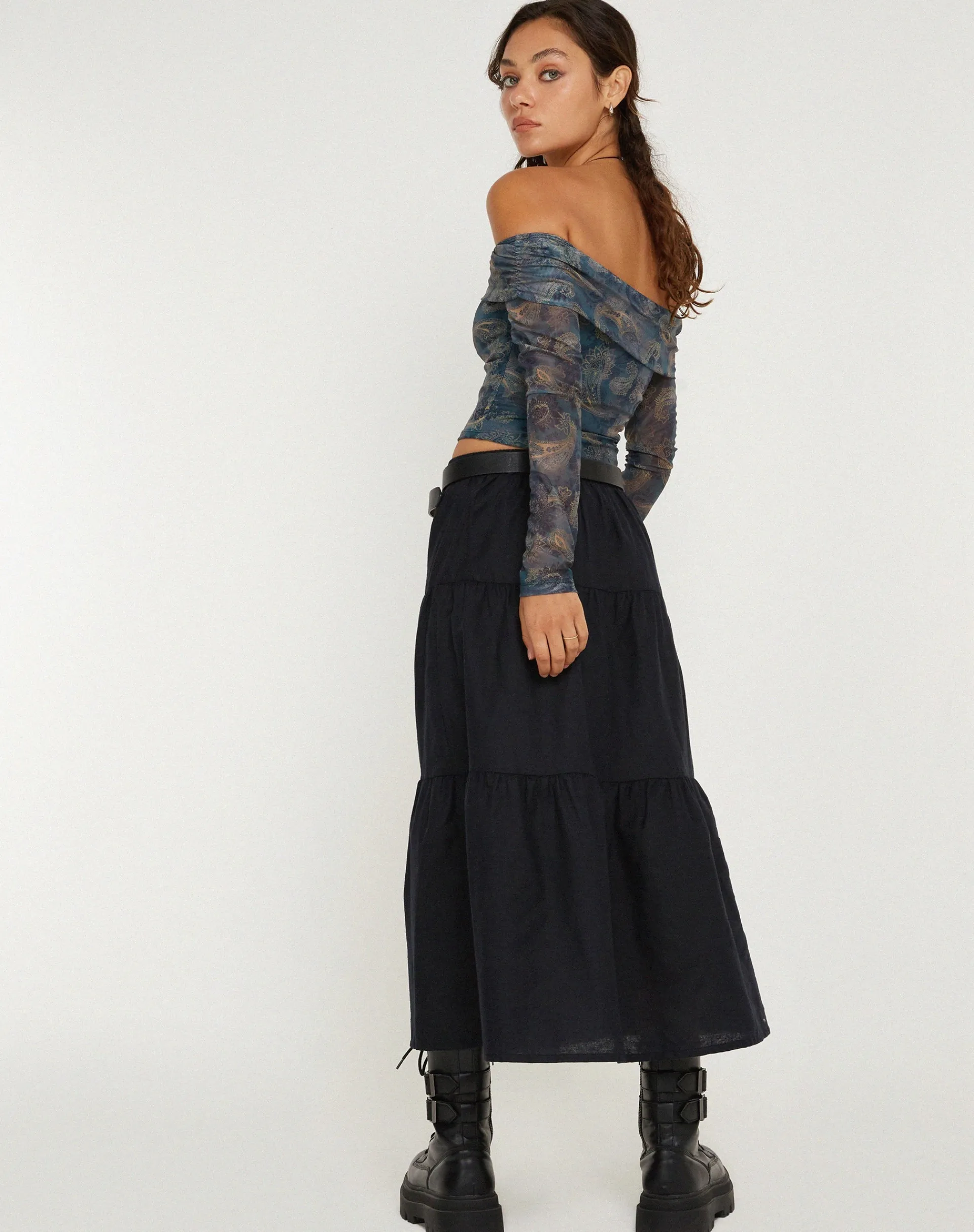 Motel Rocks Printed Tops | Long Sleeve Tops-Nagini Long Sleeve Bardot Top in Tonal Blue Paisley TonalBluePaisley