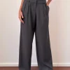 Motel Rocks Wide Leg Pants-Nailaka Low Rise Wide Leg Tailored Trouser in Dark Charcoal DarkCharcoal